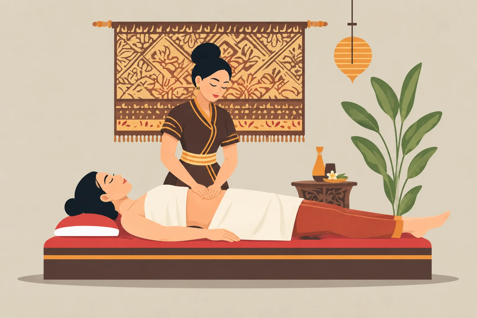 Illustration of gentle rhythmic abdominal massage during a lymphatic drainage session