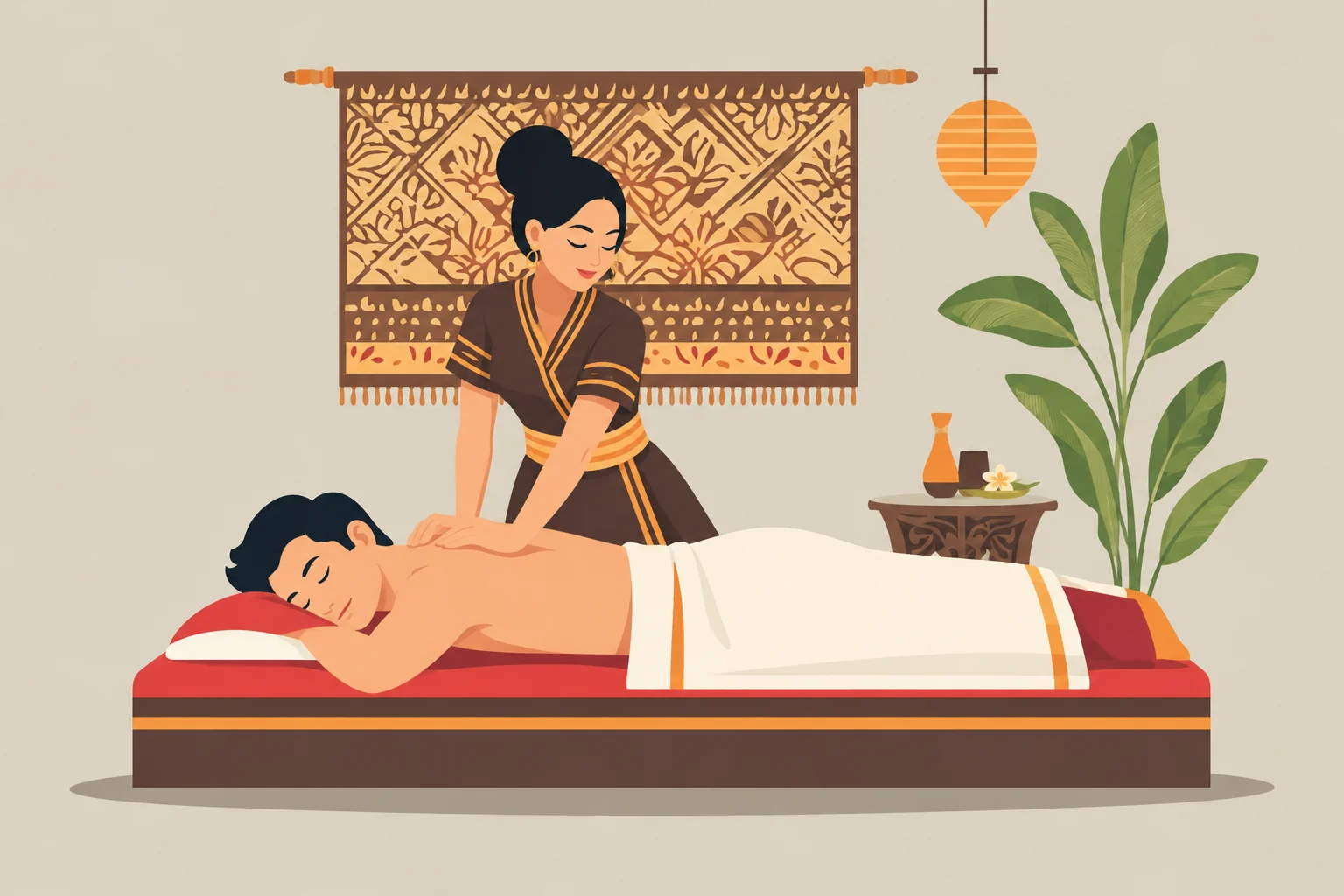 Illustration of focused upper-back pressure during a deep tissue massage