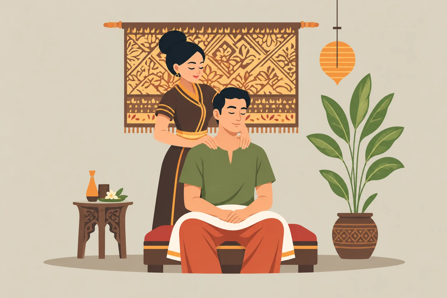Illustration of gentle pressure applied to the shoulders and neck of a seated guest