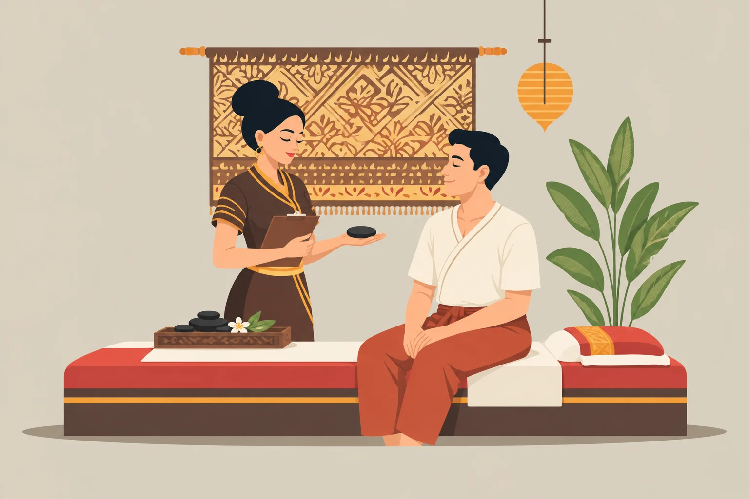 Illustration of a practitioner explaining hot stone treatment during an initial consultation