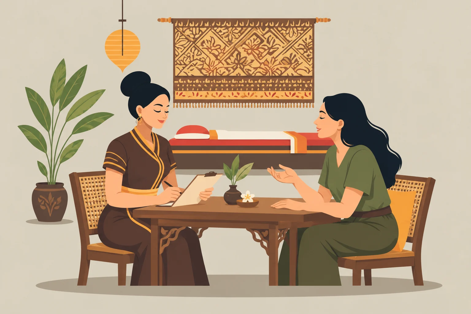 Illustration of a practitioner discussing a guest’s needs during an initial consultation