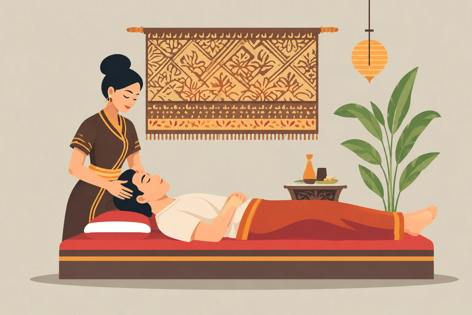 Illustration of a relaxing Thai scalp massage with gentle pressure around the head