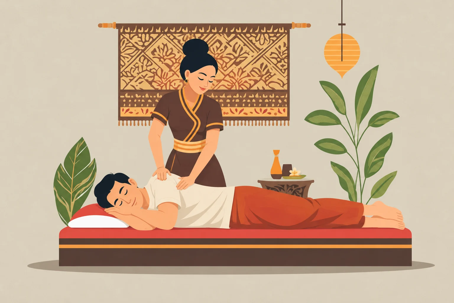 Illustration of gentle shoulder and upper-back palm compression during a Thai Swedish practitioner session
