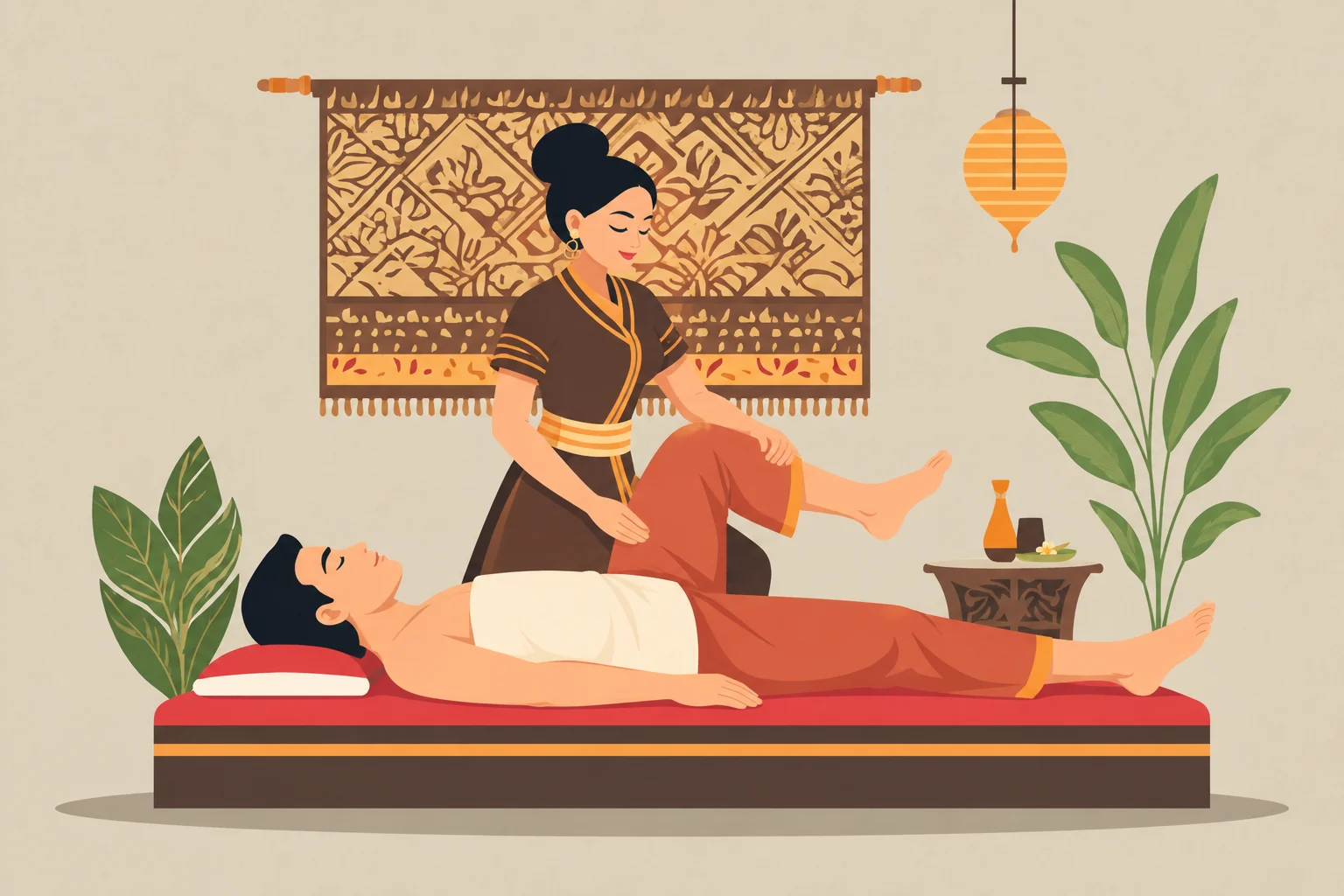 Illustration of gentle assisted leg stretching during Thai Swedish massage